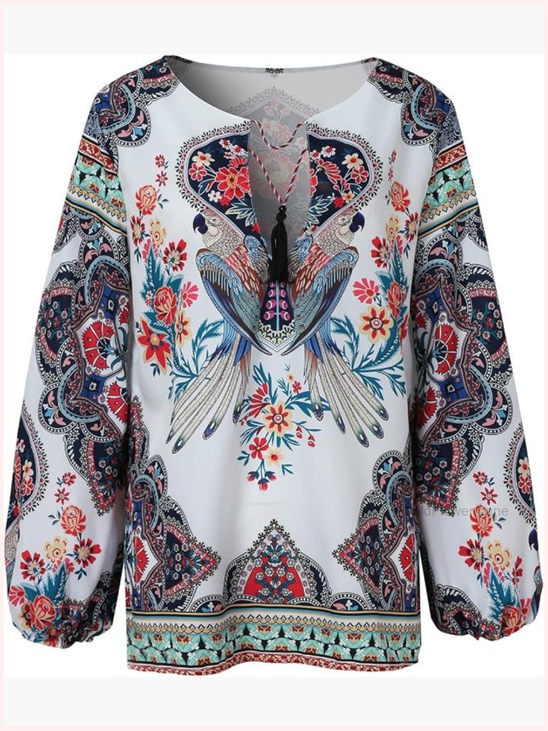 Boho V-Neck Floral Blouse Long Sleeve Loose Fit Lightweight Casual Top